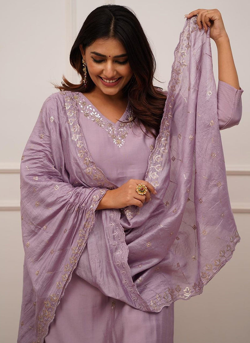 Vellora Roman Silk Lilac Festival Wear Sequins Work Readymade Straight Suit