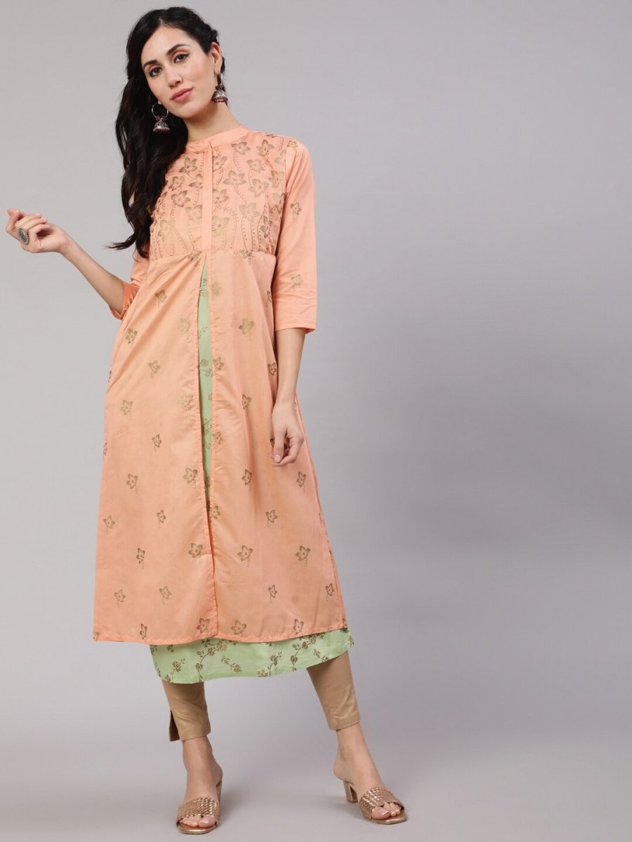 Aks Floral Printed Layered Chanderi Silk A Line Kurta - Distacart