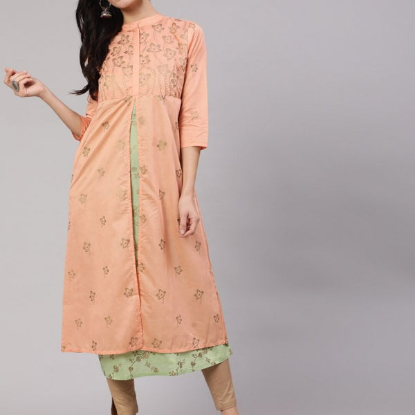 Aks Floral Printed Layered Chanderi Silk A Line Kurta - Distacart