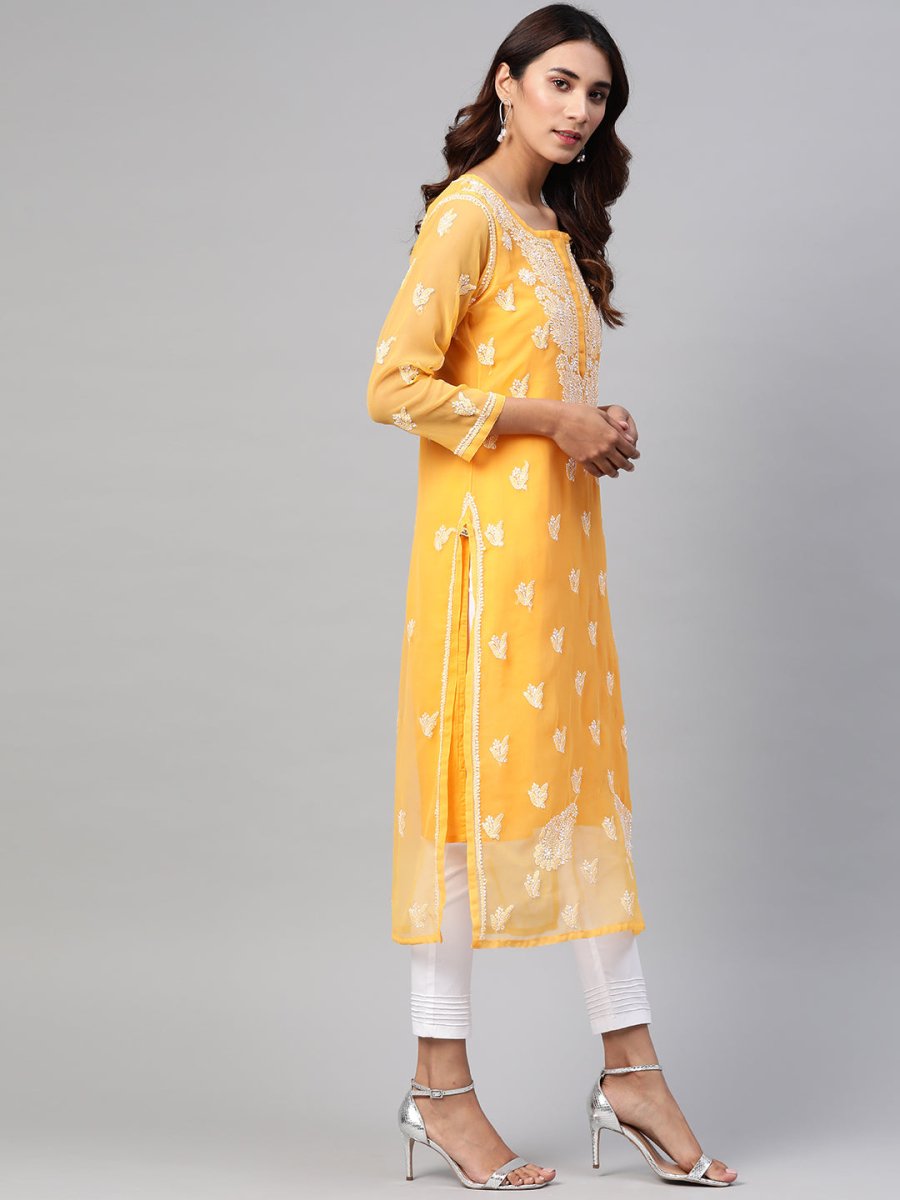 ADA Women Mustard & White Chikankari Embroidered Sustainable Kurta with Trousers & Inner - Distacart