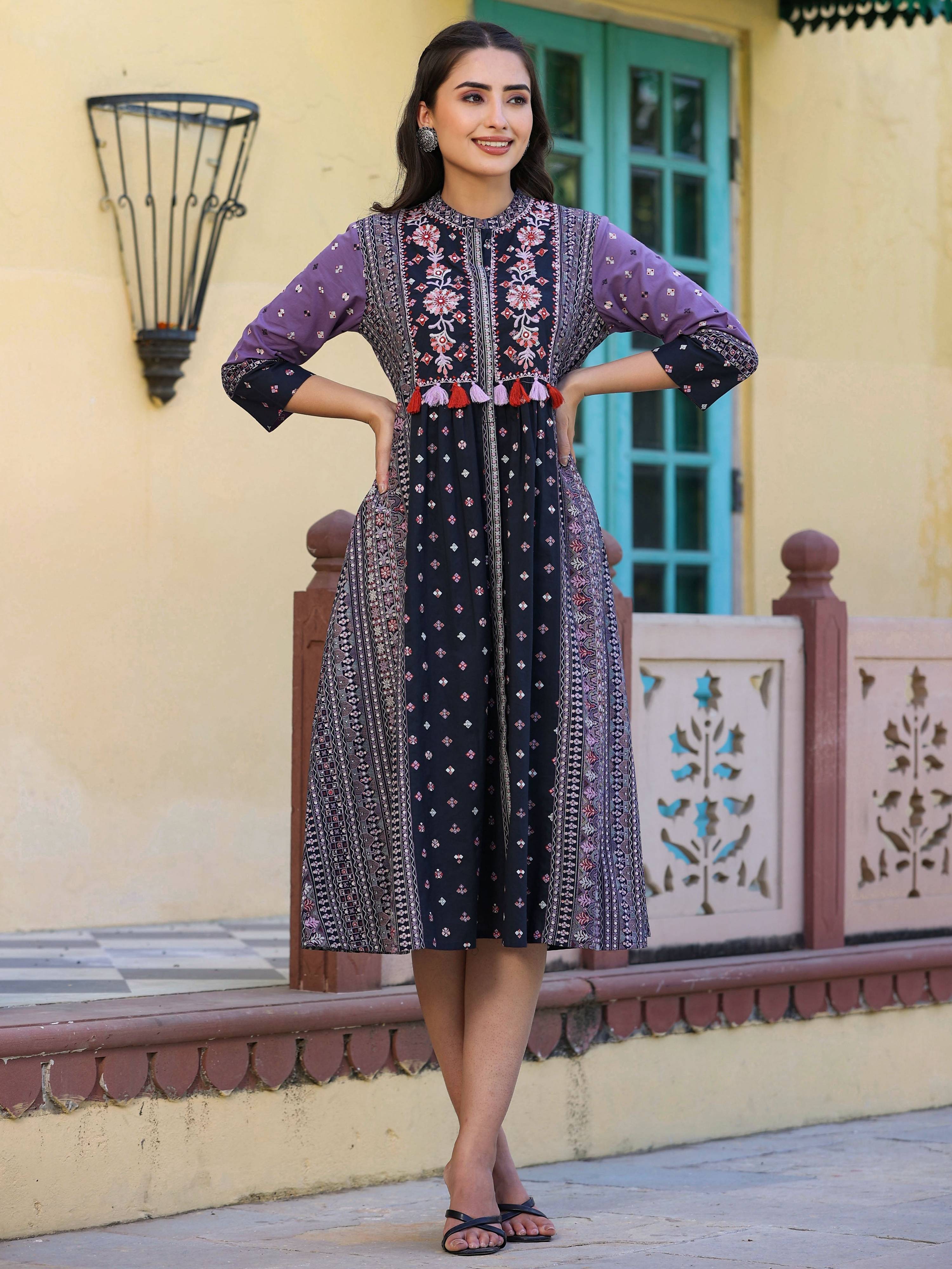 Juniper Women's Lavender Cambric Printed Embroidered Flared Dress - Distacart
