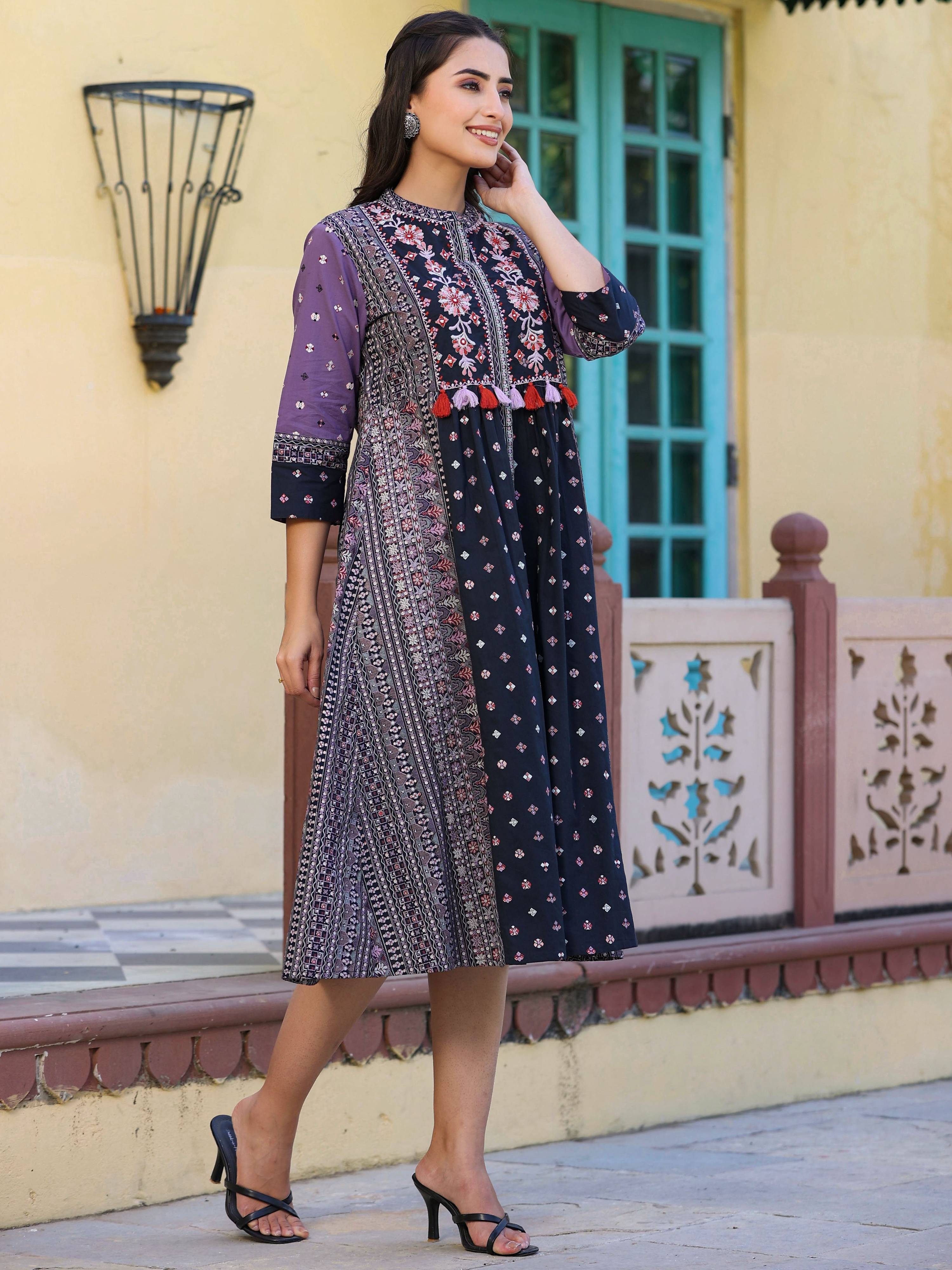 Juniper Women's Lavender Cambric Printed Embroidered Flared Dress - Distacart