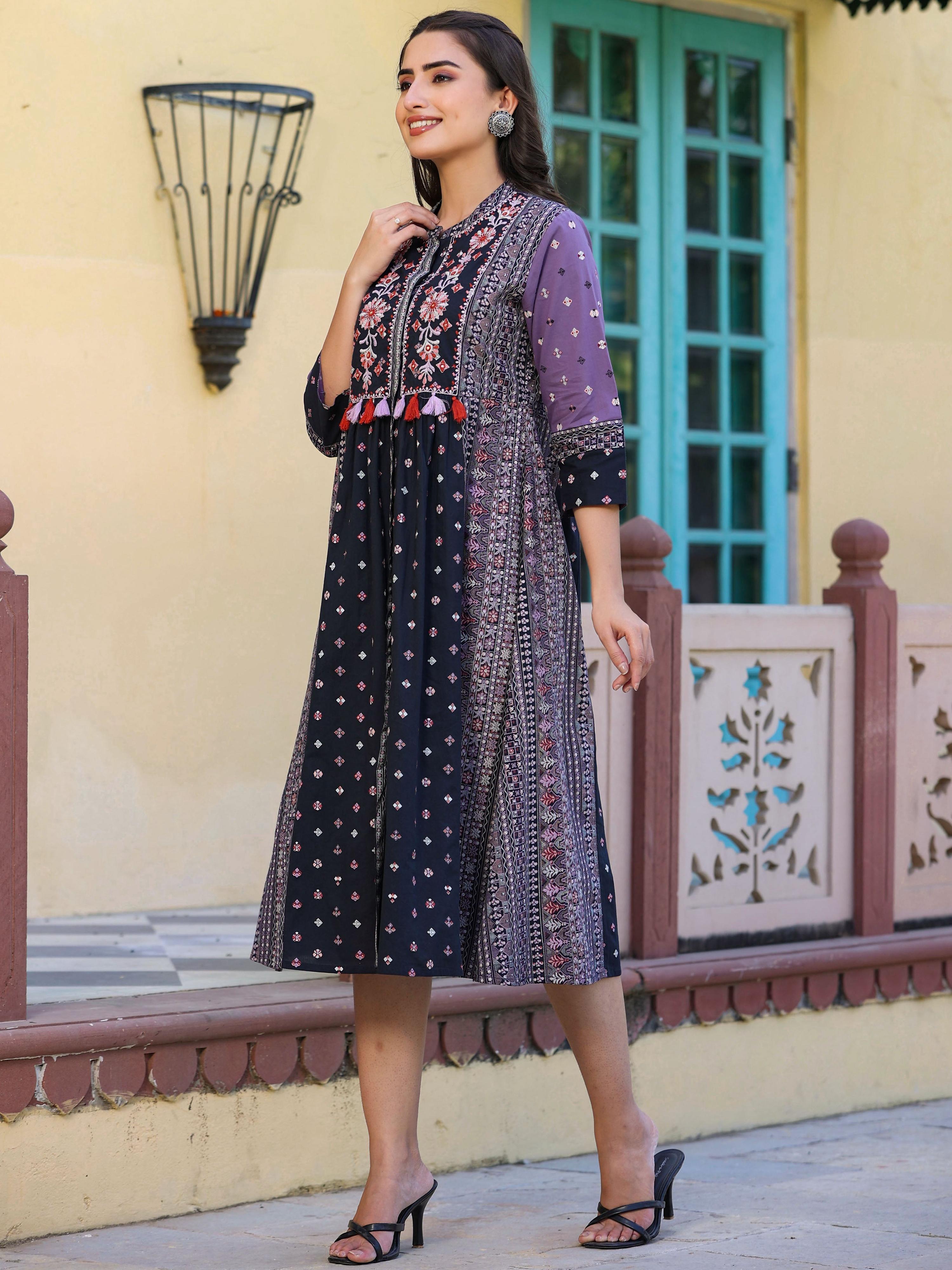 Juniper Women's Lavender Cambric Printed Embroidered Flared Dress - Distacart