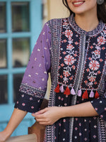 Thumbnail for Juniper Women's Lavender Cambric Printed Embroidered Flared Dress - Distacart