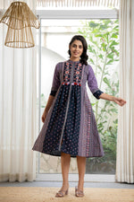 Thumbnail for Juniper Lavender Floral Printed Cotton Dress With Thread Work & Tassels - Distacart