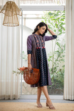 Thumbnail for Juniper Lavender Floral Printed Cotton Dress With Thread Work & Tassels - Distacart
