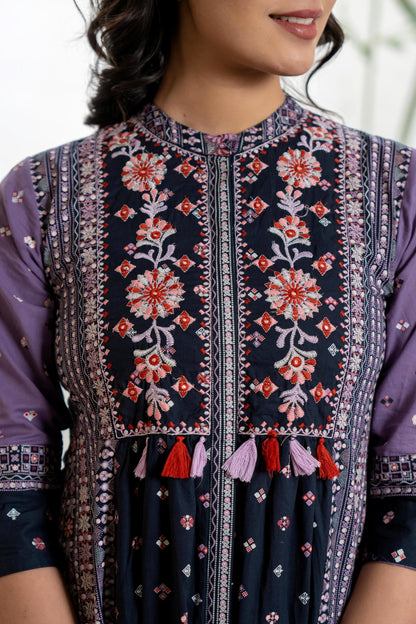 Juniper Lavender Floral Printed Cotton Dress With Thread Work & Tassels - Distacart