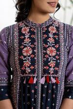 Thumbnail for Juniper Lavender Floral Printed Cotton Dress With Thread Work & Tassels - Distacart