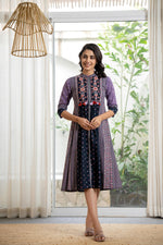 Thumbnail for Juniper Lavender Floral Printed Cotton Dress With Thread Work & Tassels - Distacart