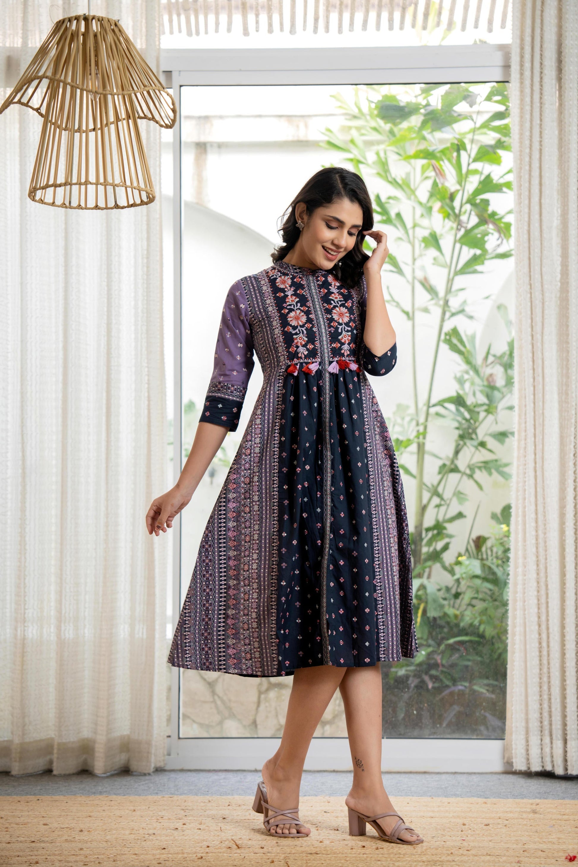 Juniper Lavender Floral Printed Cotton Dress With Thread Work & Tassels - Distacart