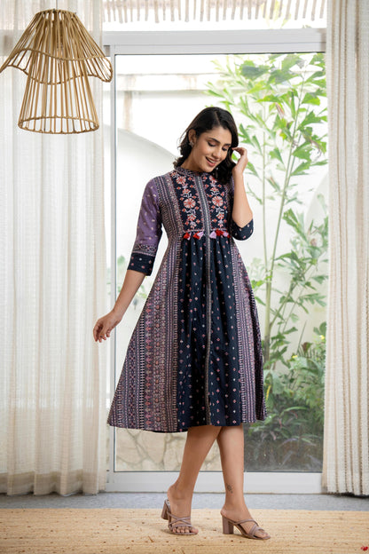 Juniper Lavender Floral Printed Cotton Dress With Thread Work & Tassels - Distacart