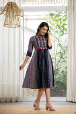 Thumbnail for Juniper Lavender Floral Printed Cotton Dress With Thread Work & Tassels - Distacart