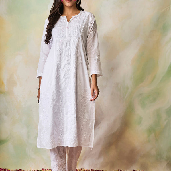 HOUSE OF KARI Notched Neck Ethnic Motifs Embroidered Chikankari Cotton Kurta - Distacart