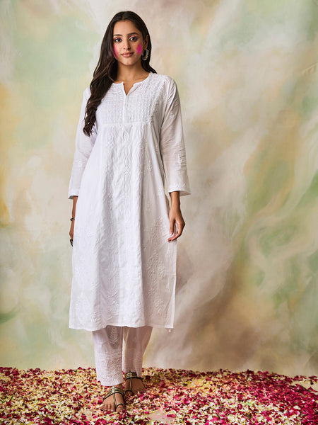HOUSE OF KARI Notched Neck Ethnic Motifs Embroidered Chikankari Cotton Kurta - Distacart