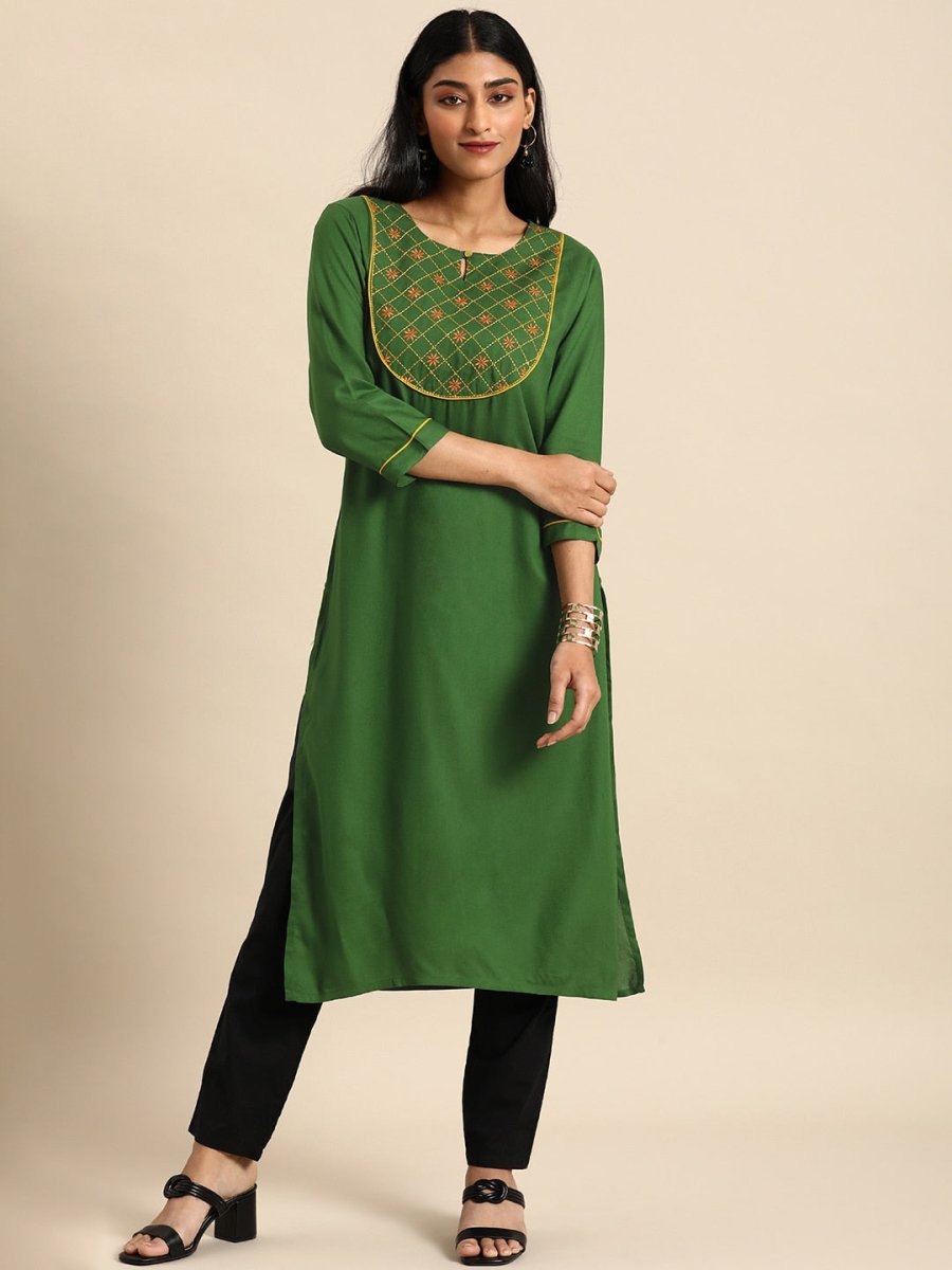 All About You Women Green Ethnic Motifs Yoke Design Keyhole Neck Straight Kurta - Distacart