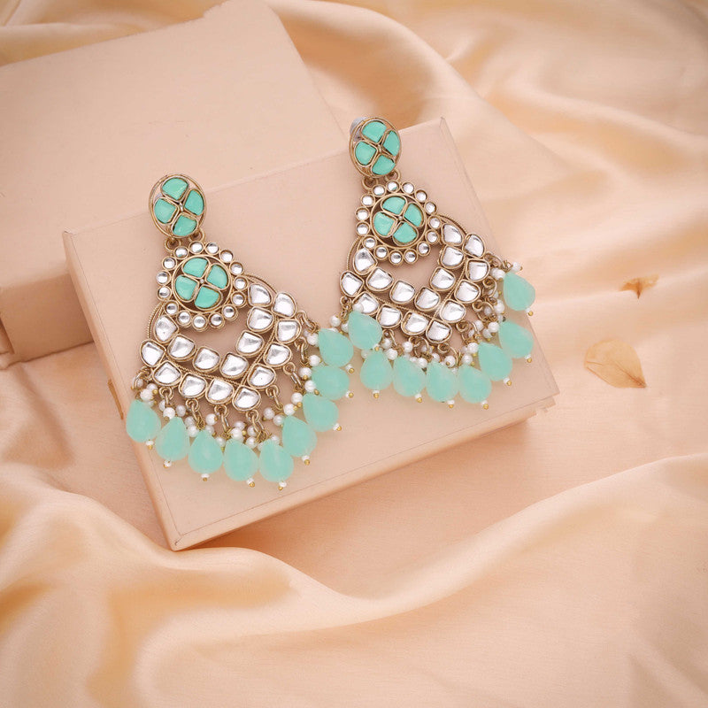 Tehzeeb Creations Gold Polish Kundan Sea Green Colour Earrings - Distacart