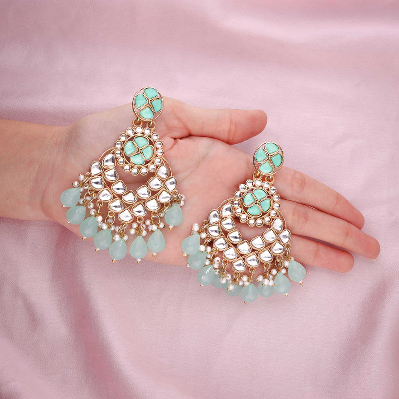 Tehzeeb Creations Gold Polish Kundan Sea Green Colour Earrings - Distacart