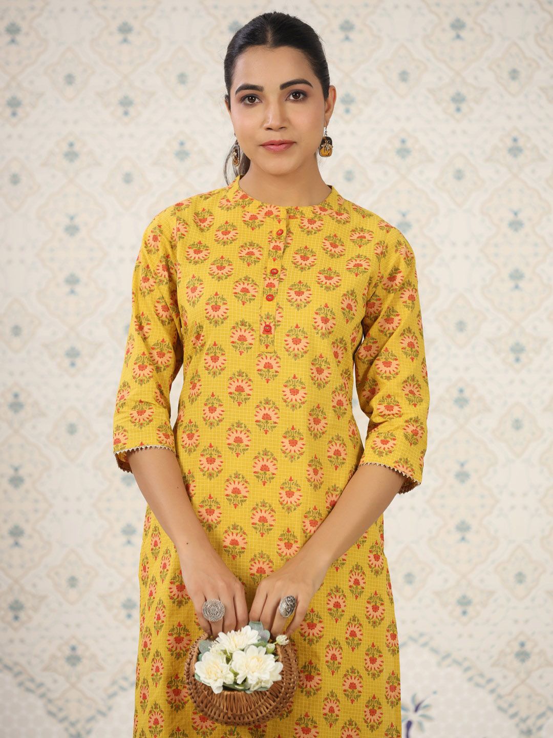 Ode by House of Pataudi Ethnic Motifs Printed Band Collar Pure Cotton Kurta with Trousers - Distacart
