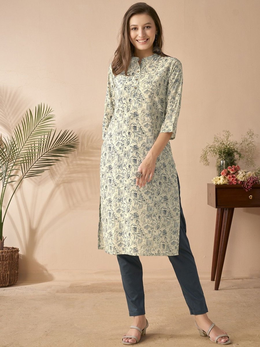 Anouk White & Blue Floral Printed Mandarin Collar Chanderi Silk Straight Kurta - Distacart