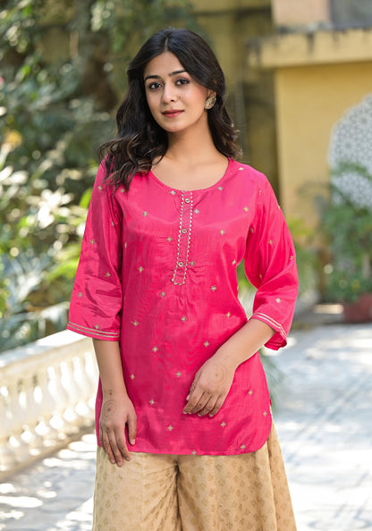 Juniper Women's Fuchsia Solid Shantoon Tunic With Sequins & Zari Work - Distacart