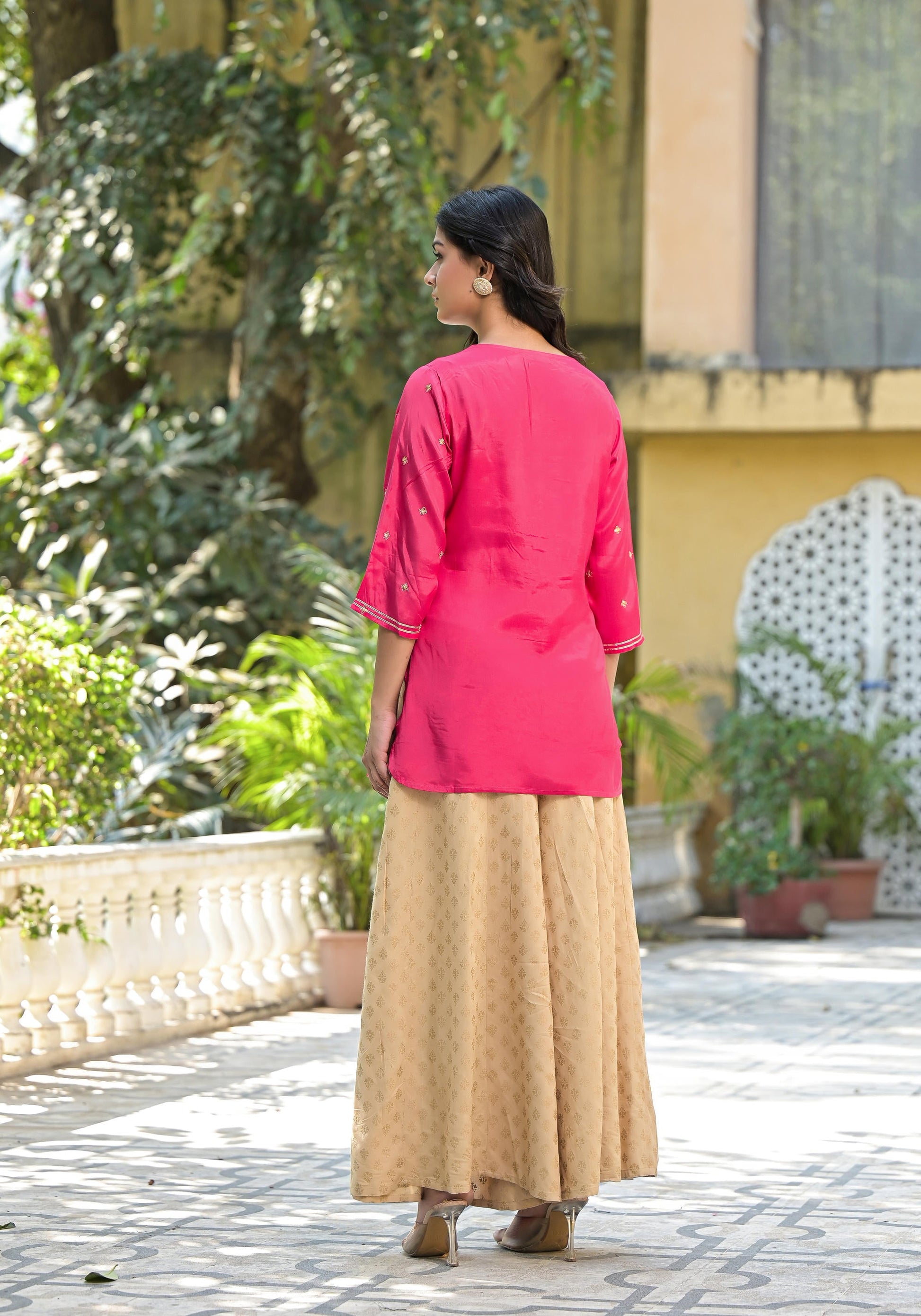 Juniper Women's Fuchsia Solid Shantoon Tunic With Sequins & Zari Work - Distacart