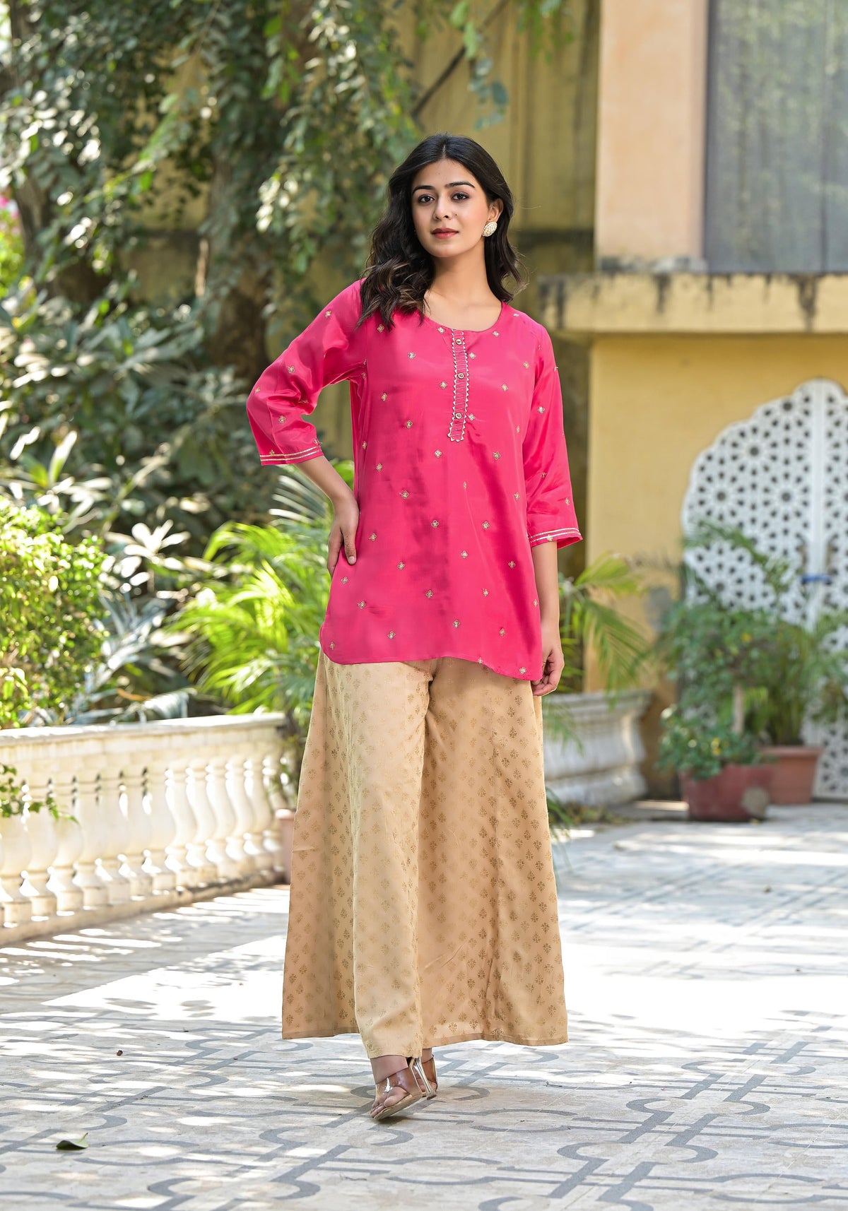 Juniper Women's Fuchsia Solid Shantoon Tunic With Sequins & Zari Work - Distacart