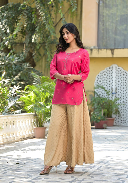 Juniper Women's Fuchsia Solid Shantoon Tunic With Sequins & Zari Work - Distacart