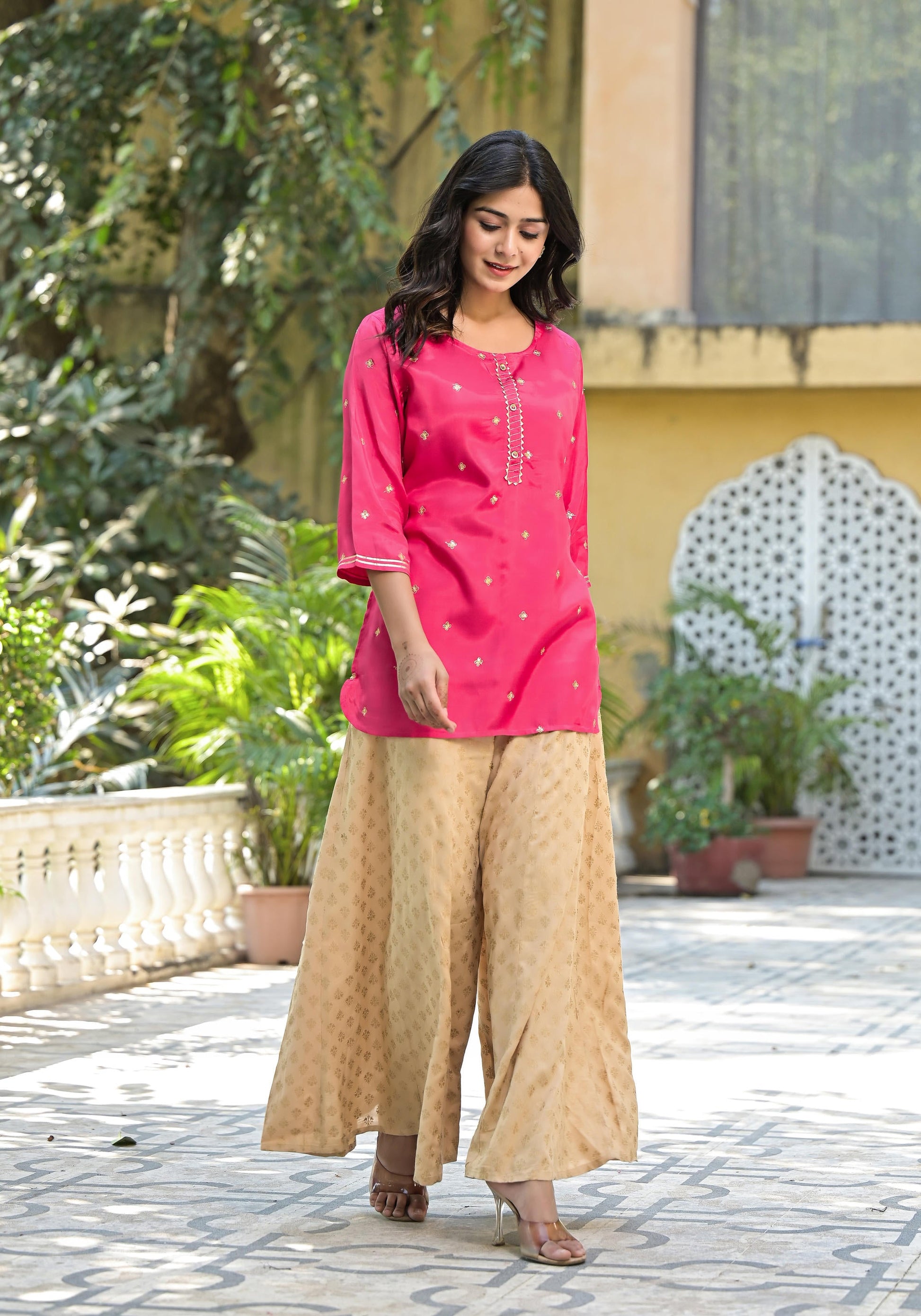 Juniper Women's Fuchsia Solid Shantoon Tunic With Sequins & Zari Work - Distacart