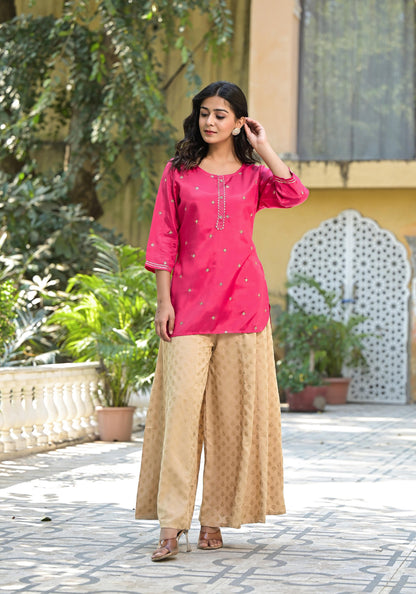 Juniper Women's Fuchsia Solid Shantoon Tunic With Sequins & Zari Work - Distacart