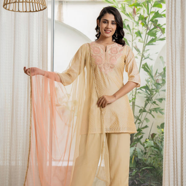 Juniper Women's Gold Solid Chanderi Kurta Set With Thread Work & Gota Patti - Distacart