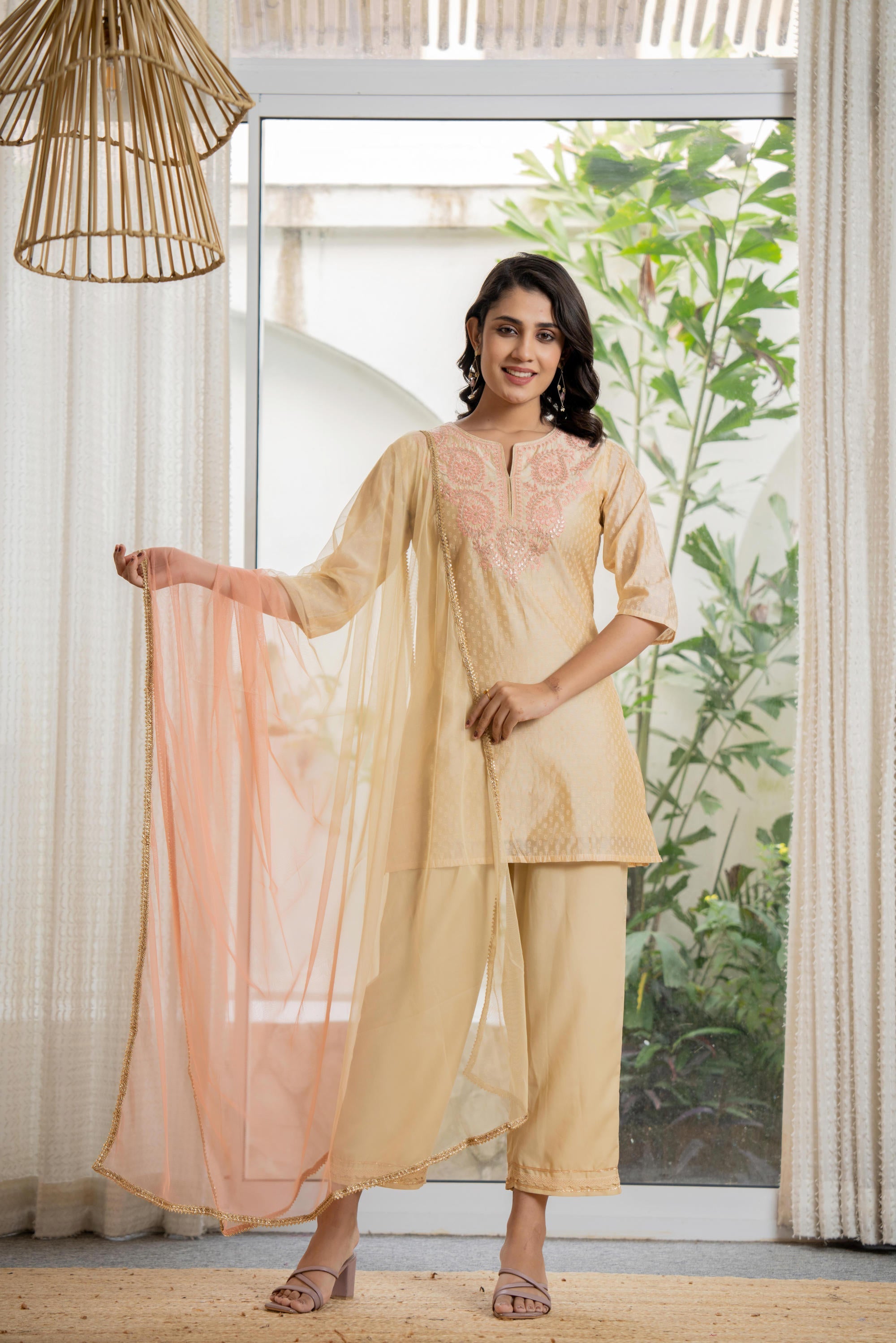 Juniper Women's Gold Solid Chanderi Kurta Set With Thread Work & Gota Patti - Distacart