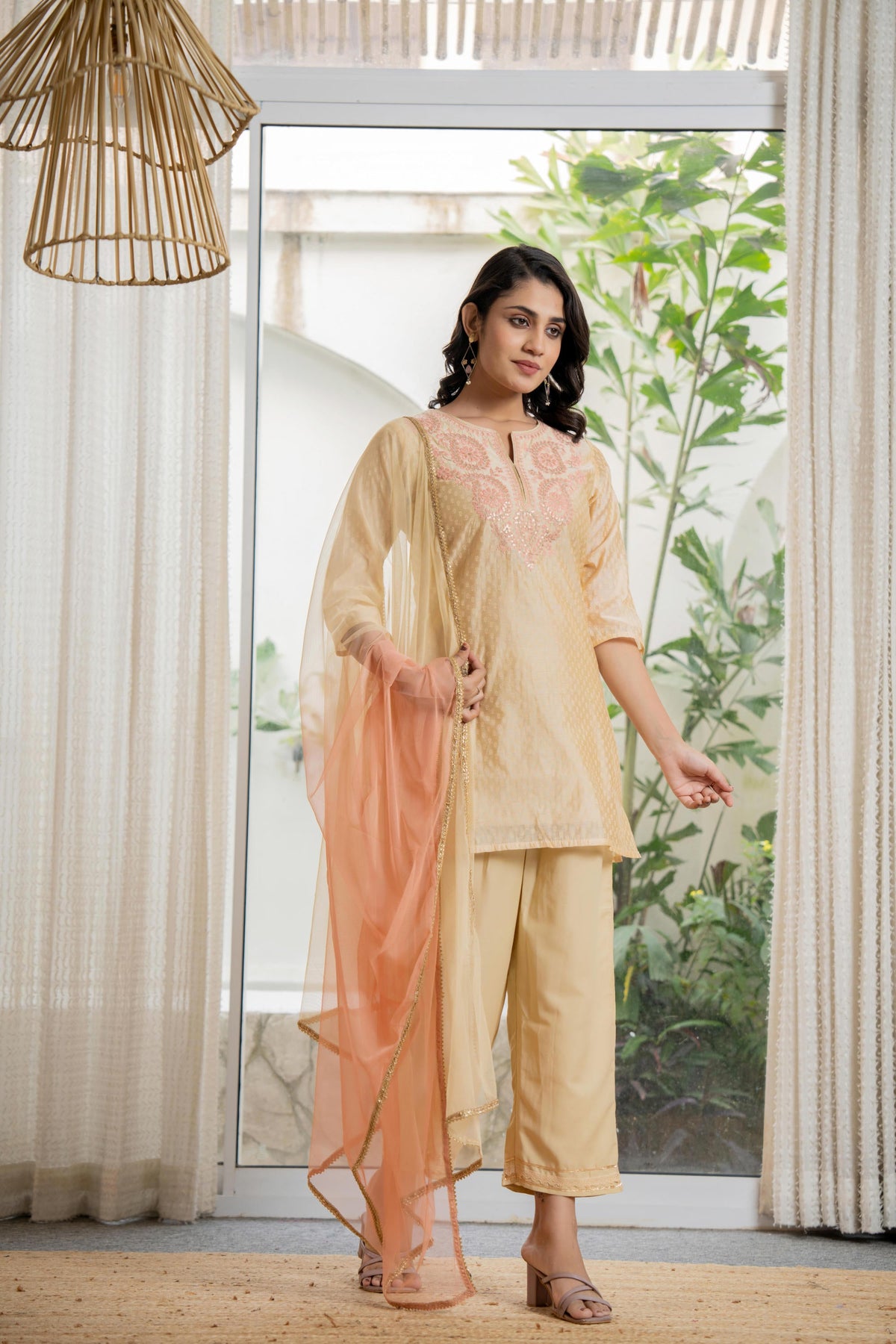 Juniper Women's Gold Solid Chanderi Kurta Set With Thread Work & Gota Patti - Distacart