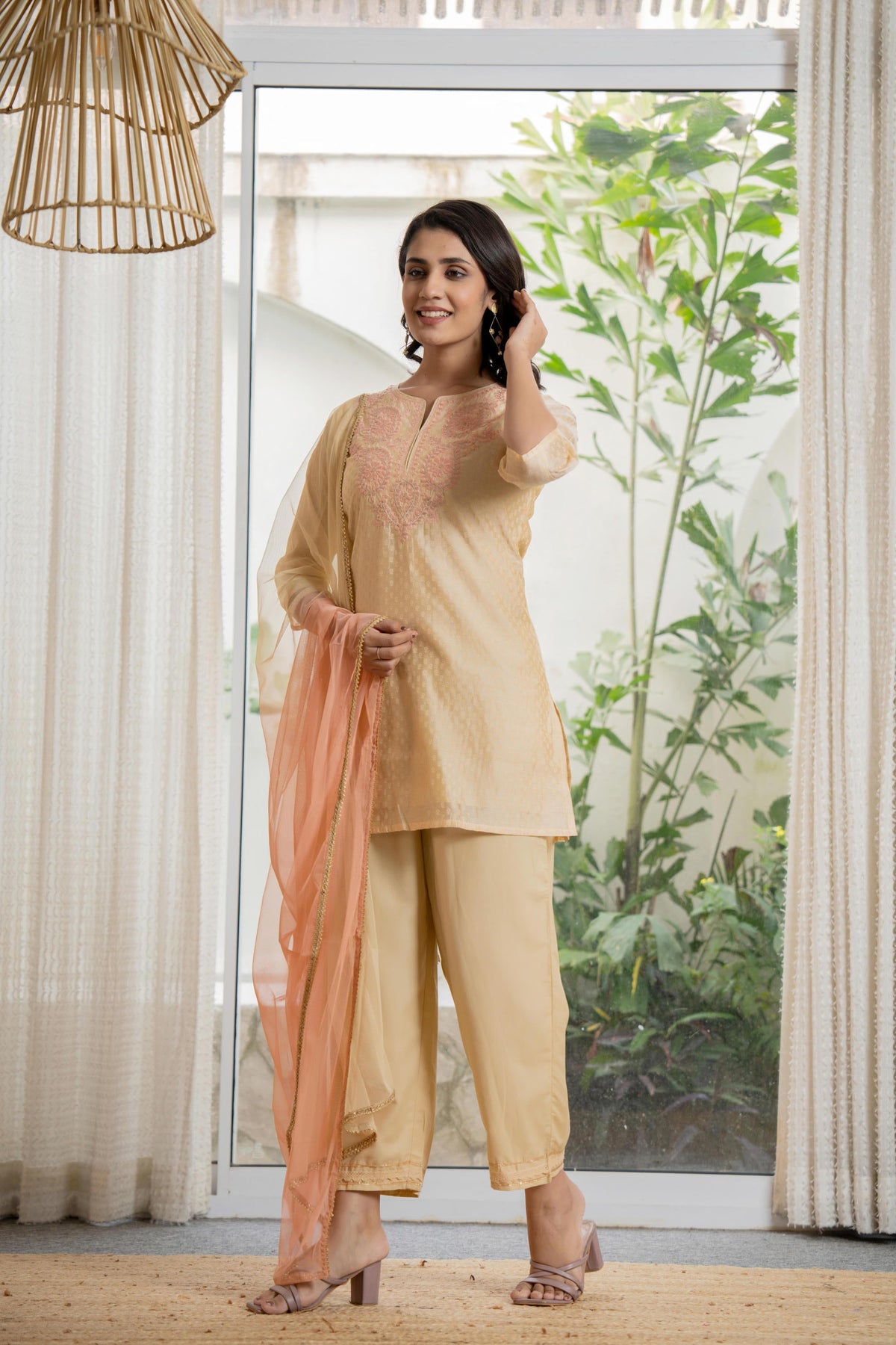 Juniper Women's Gold Solid Chanderi Kurta Set With Thread Work & Gota Patti - Distacart