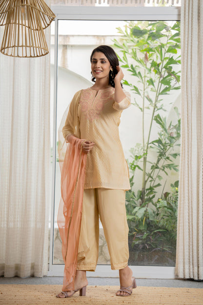 Juniper Women's Gold Solid Chanderi Kurta Set With Thread Work & Gota Patti - Distacart