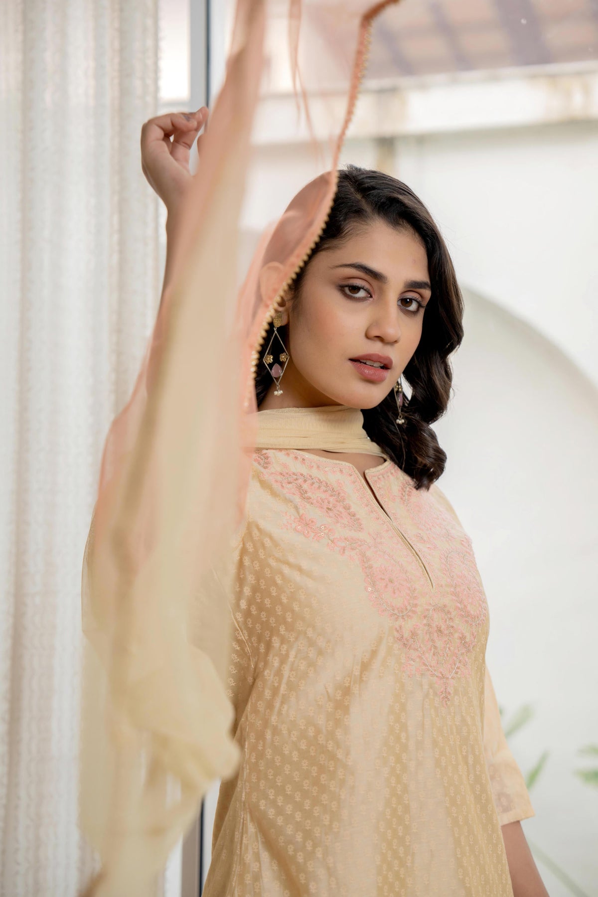 Juniper Women's Gold Solid Chanderi Kurta Set With Thread Work & Gota Patti - Distacart