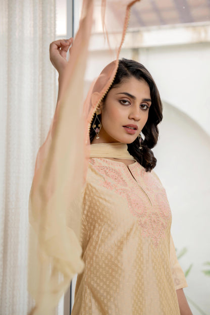 Juniper Women's Gold Solid Chanderi Kurta Set With Thread Work & Gota Patti - Distacart