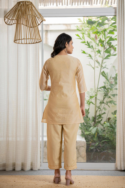 Juniper Women's Gold Solid Chanderi Kurta Set With Thread Work & Gota Patti - Distacart