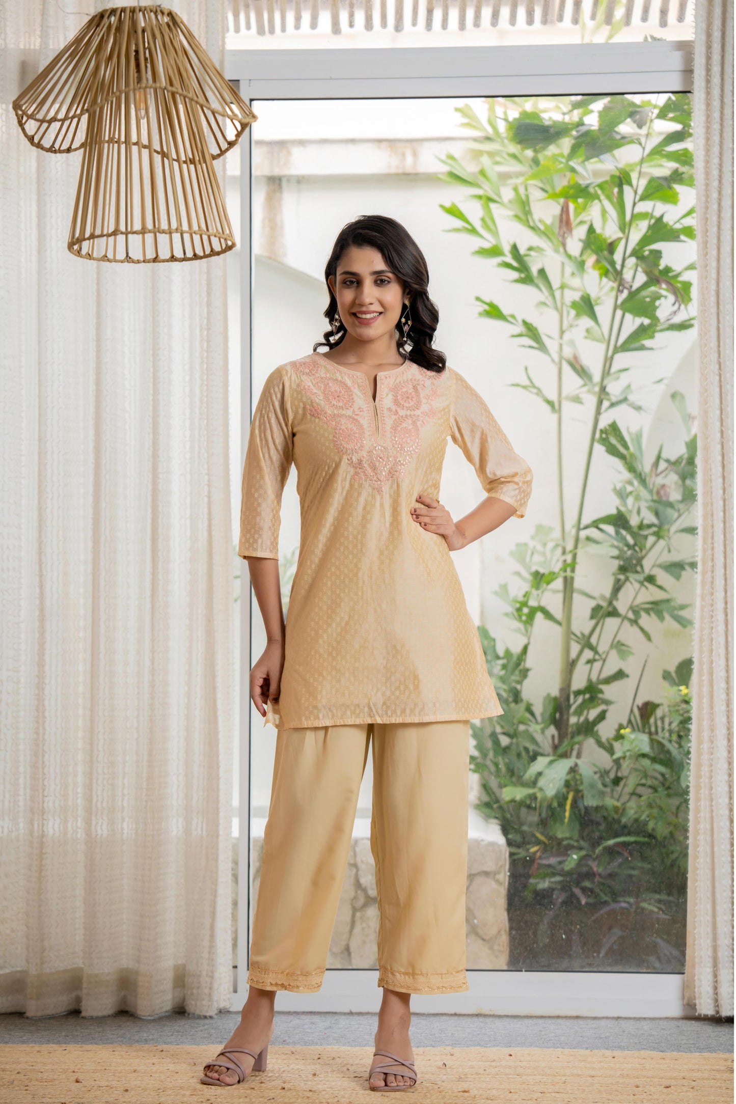 Juniper Women's Gold Solid Chanderi Kurta Set With Thread Work & Gota Patti - Distacart