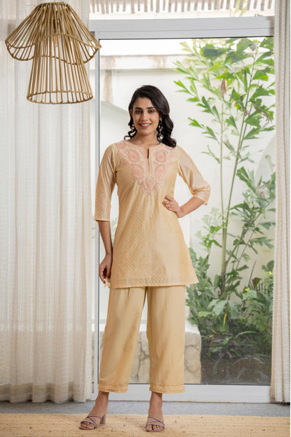Juniper Women's Gold Solid Chanderi Kurta Set With Thread Work & Gota Patti - Distacart