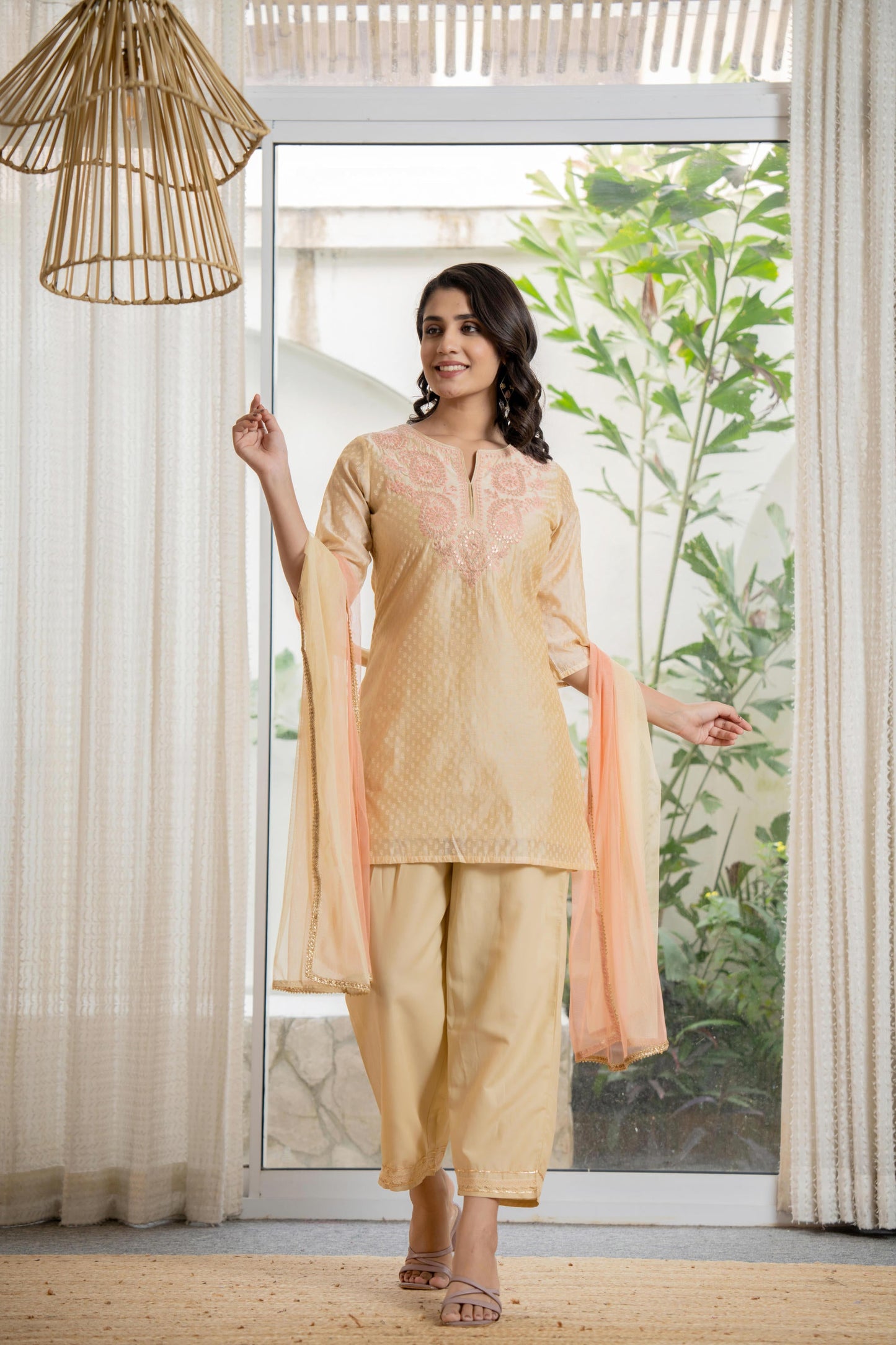 Juniper Women's Gold Solid Chanderi Kurta Set With Thread Work & Gota Patti - Distacart