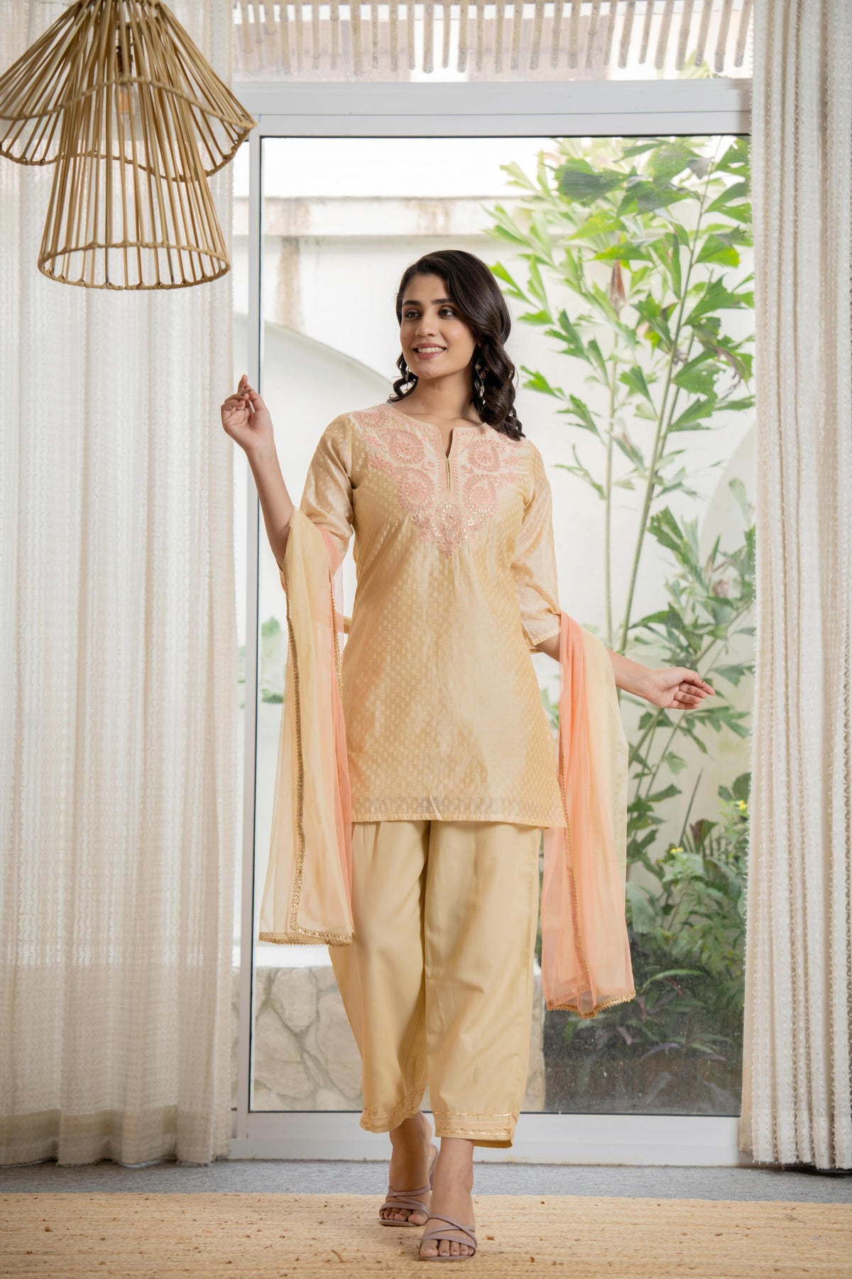 Juniper Women's Gold Solid Chanderi Kurta Set With Thread Work & Gota Patti - Distacart