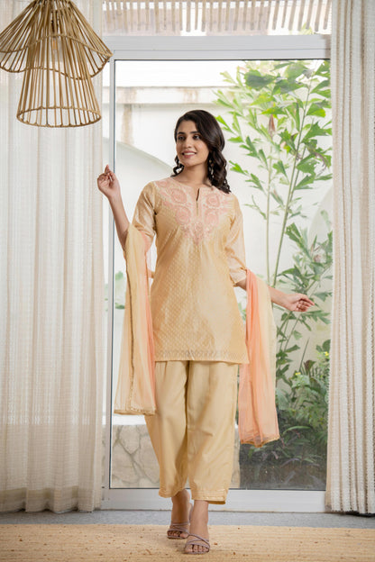 Juniper Women's Gold Solid Chanderi Kurta Set With Thread Work & Gota Patti - Distacart