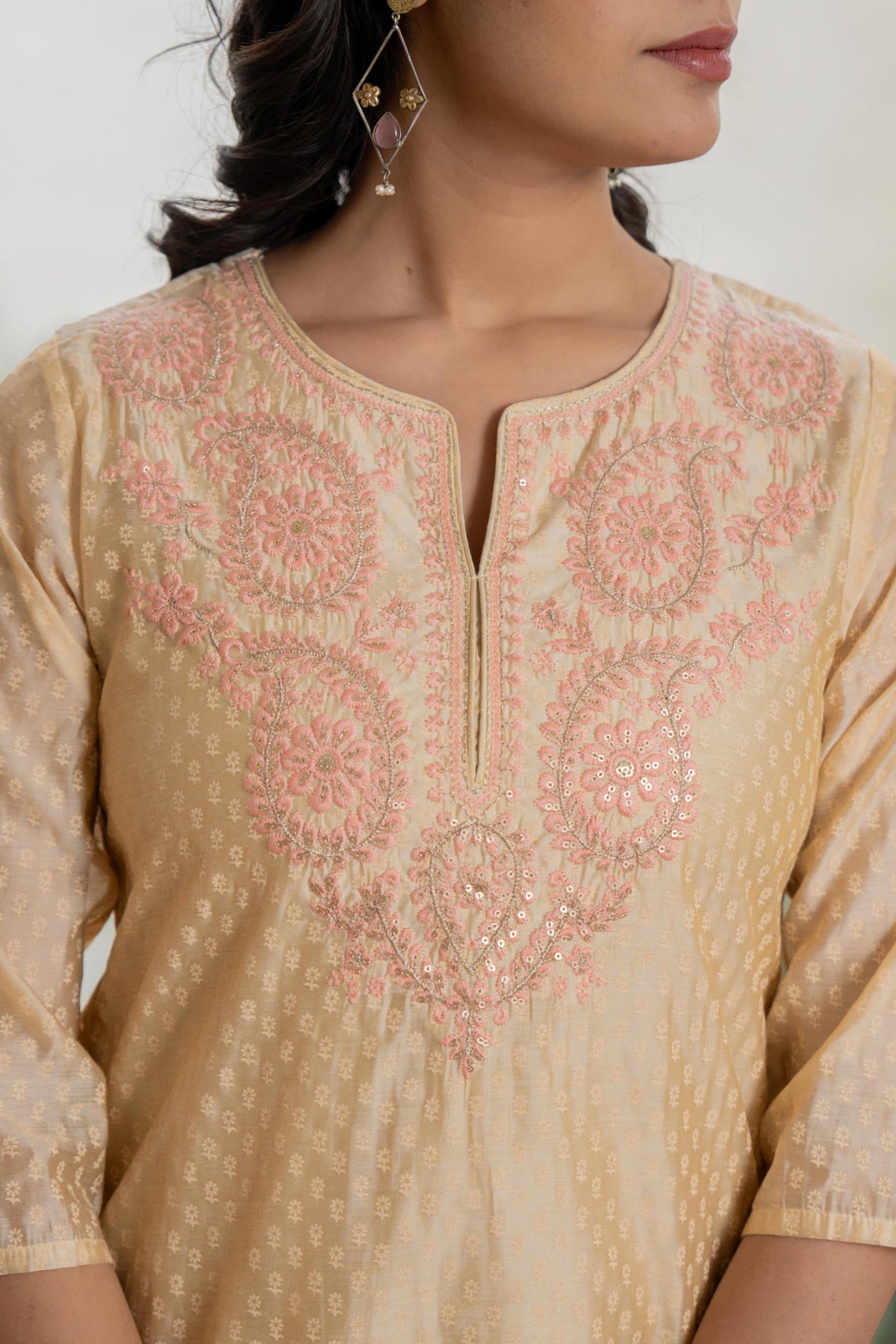 Juniper Women's Gold Solid Chanderi Kurta Set With Thread Work & Gota Patti - Distacart