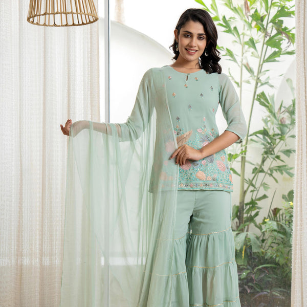 Juniper Women's Green Thread Embroidered Georgette Tunic Sharara & Dupatta Set With Sequins & Lace - Distacart