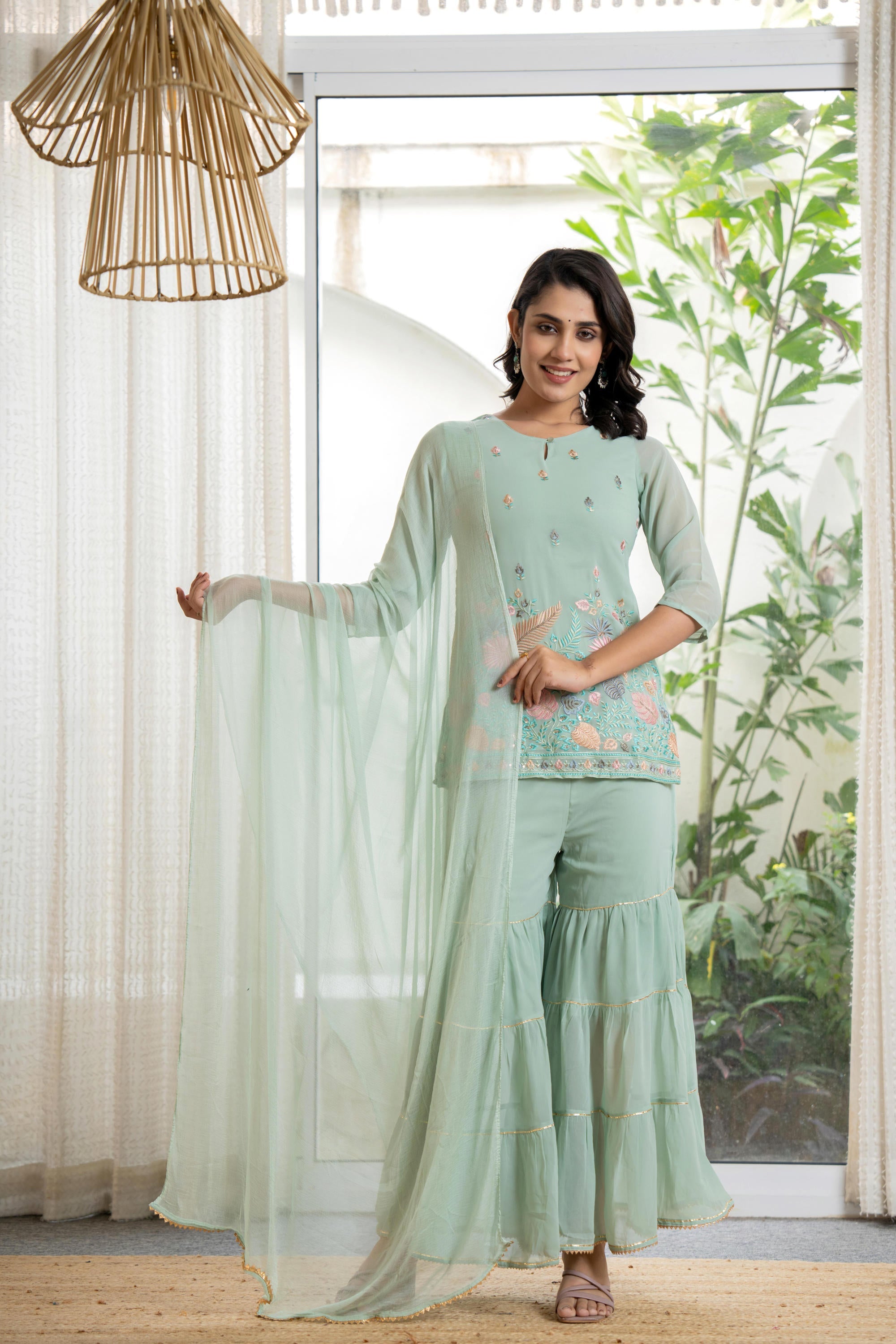 Juniper Women's Green Thread Embroidered Georgette Tunic Sharara & Dupatta Set With Sequins & Lace - Distacart