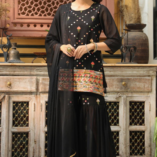 Juniper Women's Black Soild Georgette Tunic Sharara & Dupatta With With Thread & Mirror Work - Distacart
