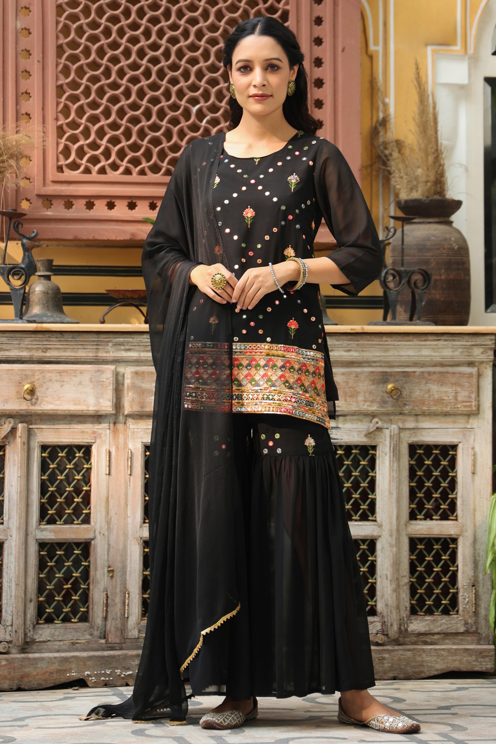 Juniper Women's Black Soild Georgette Tunic Sharara & Dupatta With With Thread & Mirror Work - Distacart
