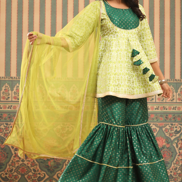Juniper Green Geometric Printed Shantoon Slub Kurta Sharara & Dupatta Set With Lace Work - Distacart