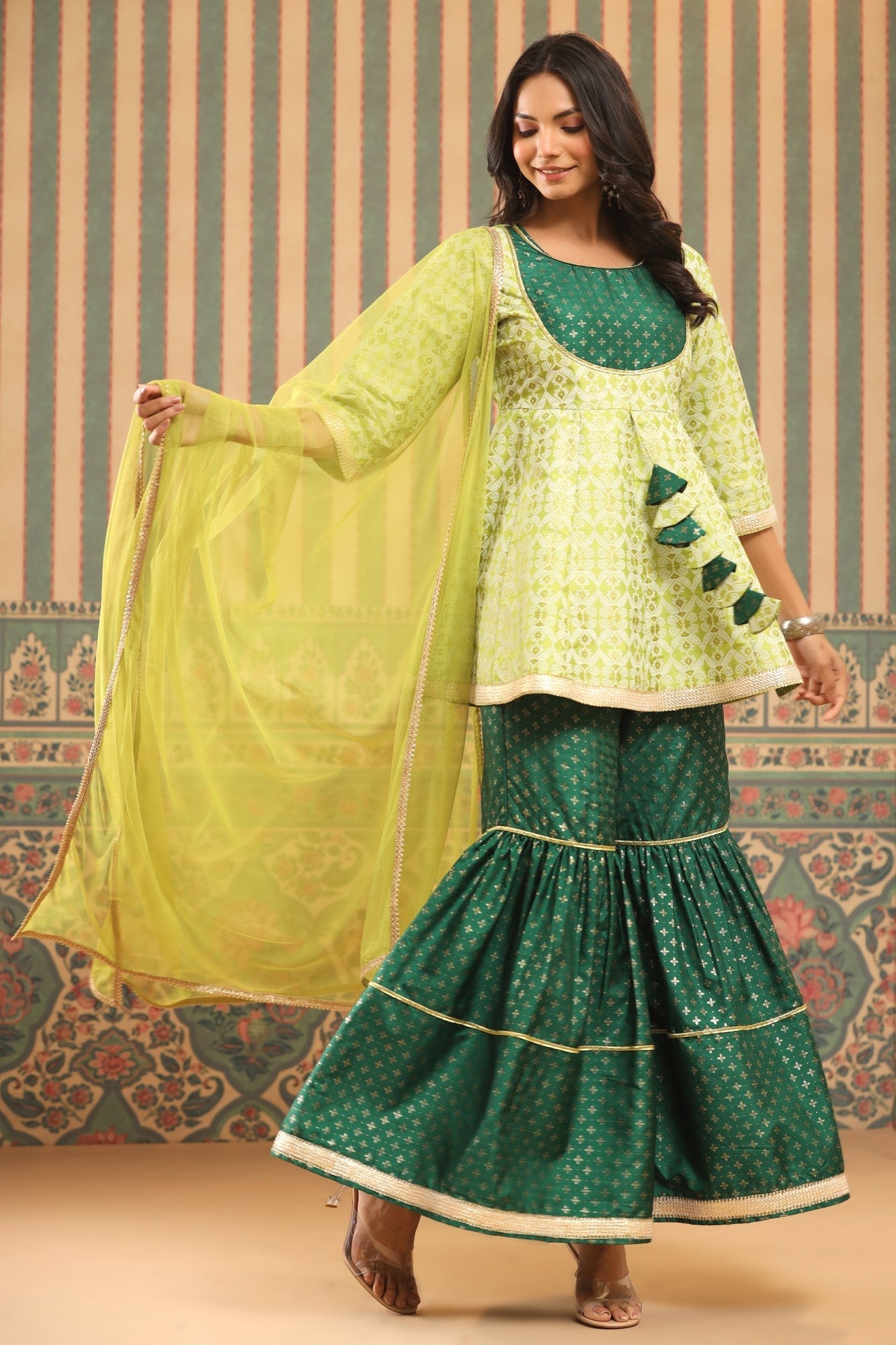 Juniper Green Geometric Printed Shantoon Slub Kurta Sharara & Dupatta Set With Lace Work - Distacart