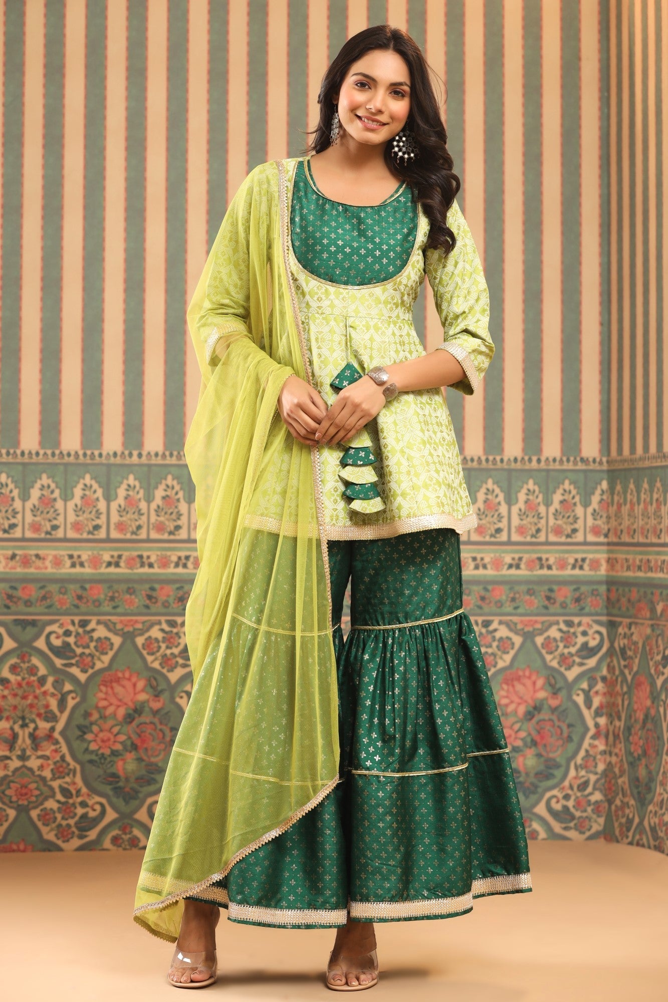 Juniper Green Geometric Printed Shantoon Slub Kurta Sharara & Dupatta Set With Lace Work - Distacart